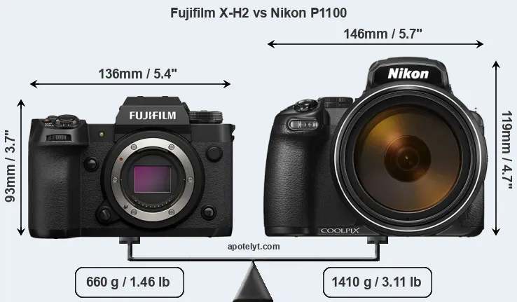 Size Fujifilm X-H2 vs Nikon P1100