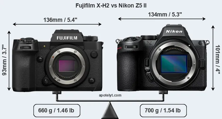 Size Fujifilm X-H2 vs Nikon Z5 II