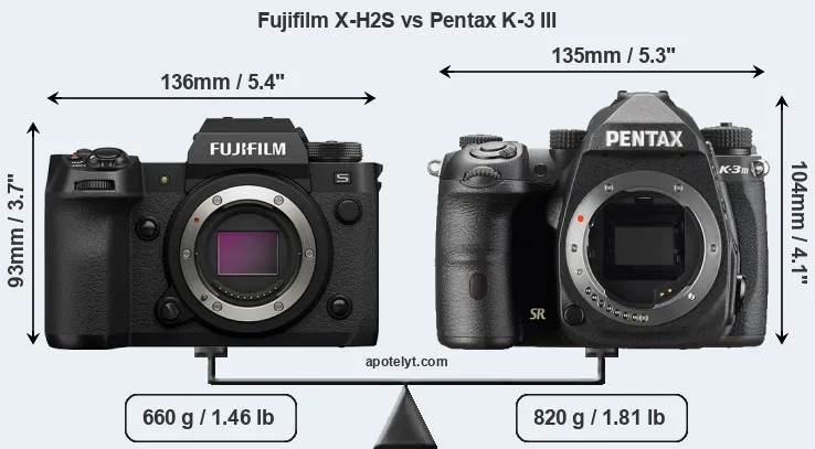 Size Fujifilm X-H2S vs Pentax K-3 III