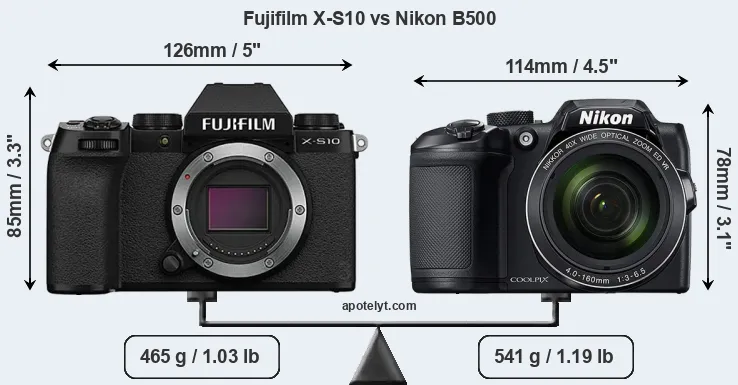Size Fujifilm X-S10 vs Nikon B500