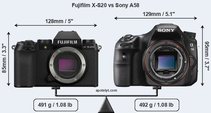 Size Fujifilm X-S20 vs Sony A58