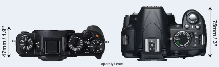 Compare X-T1 versus D3100 top