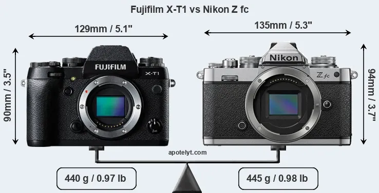 Size Fujifilm X-T1 vs Nikon Z fc
