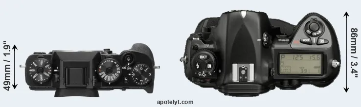 Compare X-T2 versus D2X top