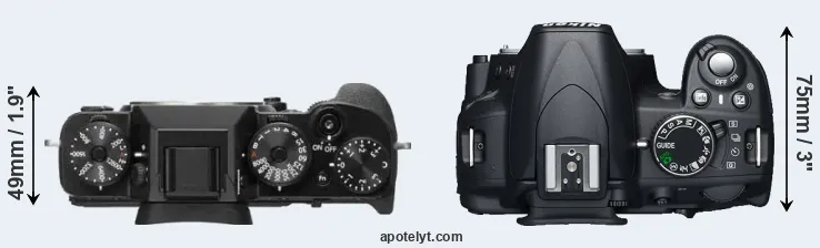 Compare X-T2 versus D3100 top