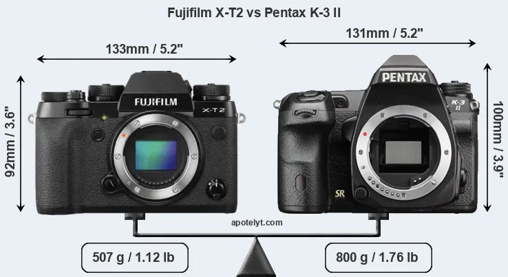 Size Fujifilm X-T2 vs Pentax K-3 II