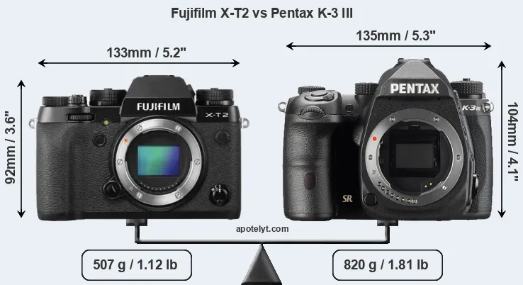 Size Fujifilm X-T2 vs Pentax K-3 III