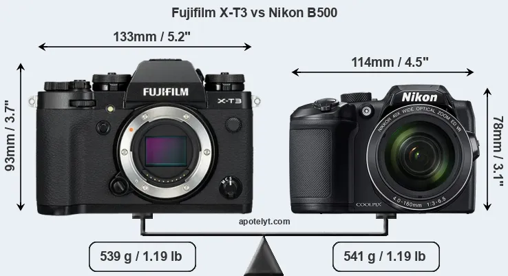 Size Fujifilm X-T3 vs Nikon B500