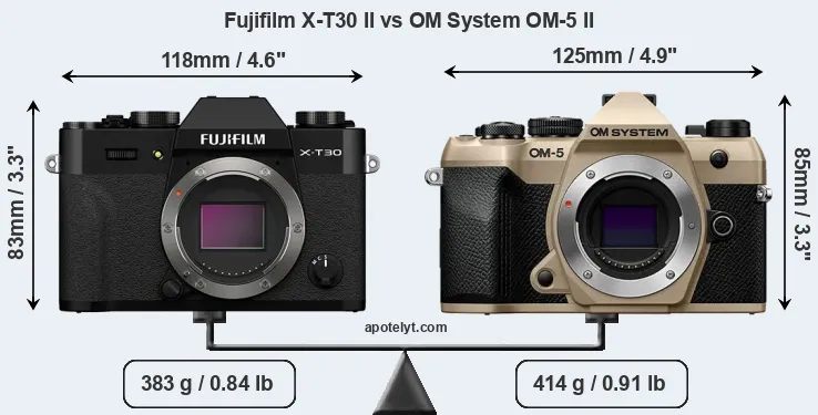 Size Fujifilm X-T30 II vs OM System OM-5 II