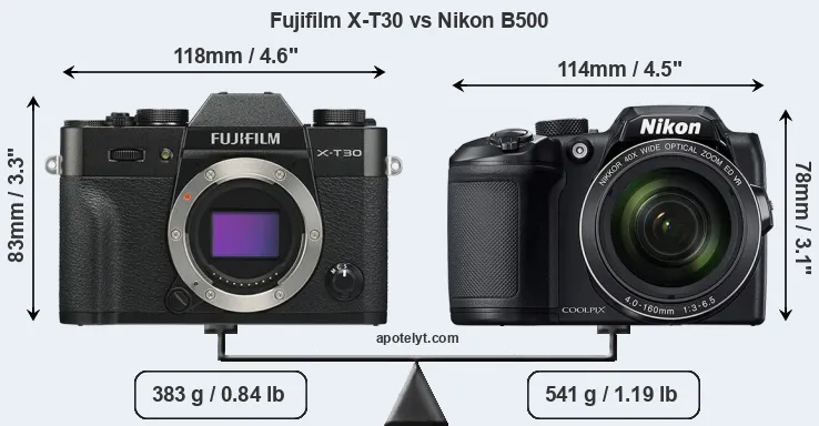 Size Fujifilm X-T30 vs Nikon B500