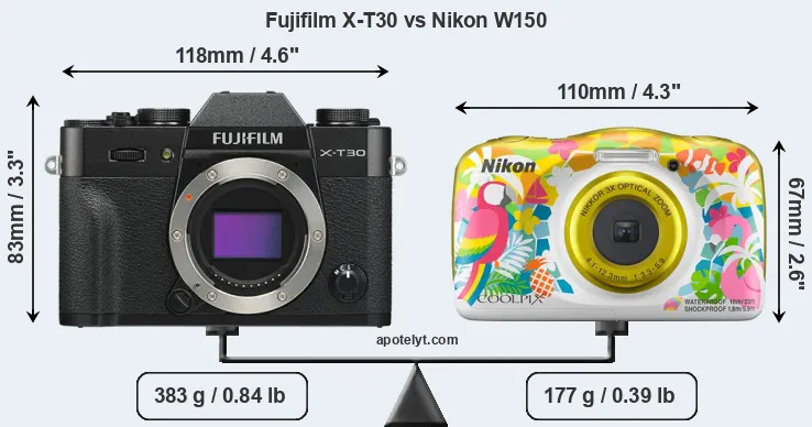 Size Fujifilm X-T30 vs Nikon W150