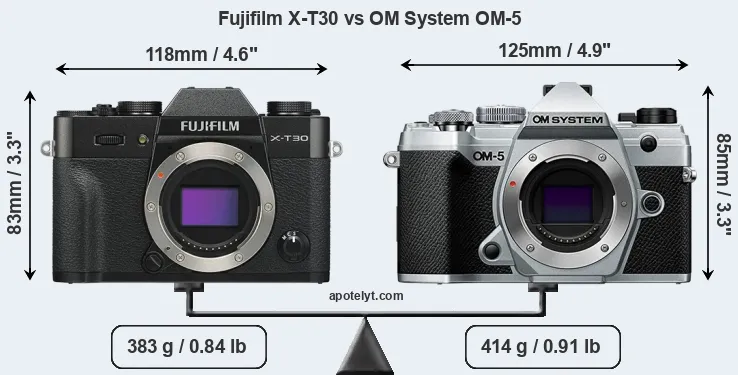 Size Fujifilm X-T30 vs OM System OM-5
