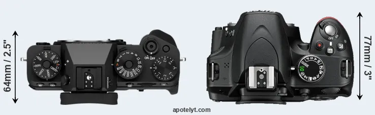 Compare X-T5 versus D3200 top