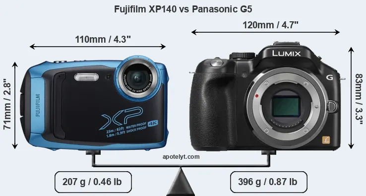 Size Fujifilm XP140 vs Panasonic G5