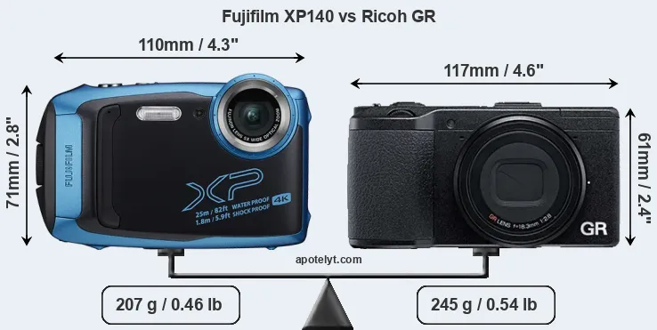 Size Fujifilm XP140 vs Ricoh GR