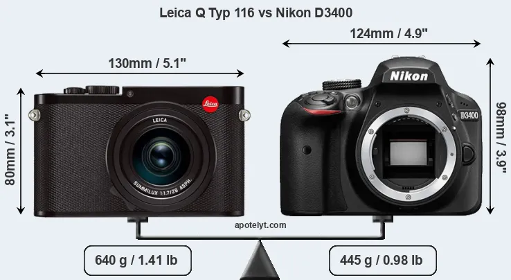 Size Leica Q Typ 116 vs Nikon D3400