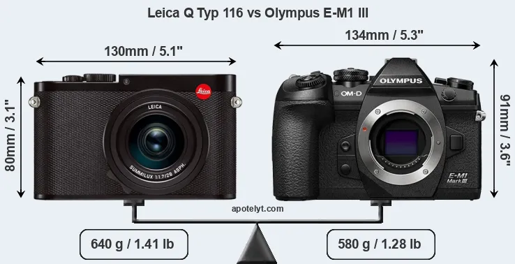 Size Leica Q Typ 116 vs Olympus E-M1 III