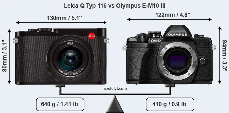 Size Leica Q Typ 116 vs Olympus E-M10 III