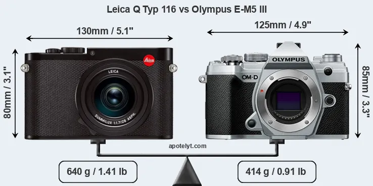 Size Leica Q Typ 116 vs Olympus E-M5 III