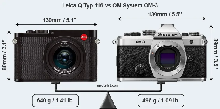 Size Leica Q Typ 116 vs OM System OM-3