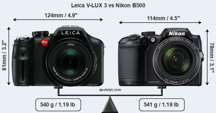 Size Leica V-LUX 3 vs Nikon B500