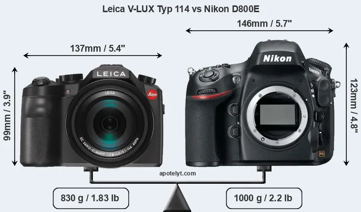 Size Leica V-LUX Typ 114 vs Nikon D800E