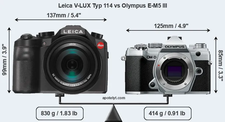 Size Leica V-LUX Typ 114 vs Olympus E-M5 III