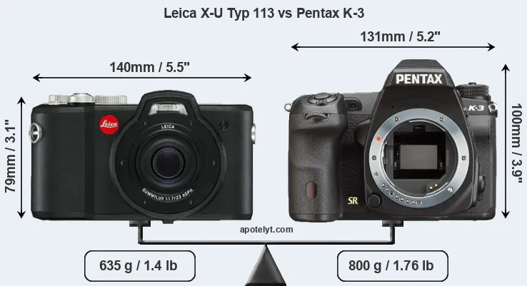Size Leica X-U Typ 113 vs Pentax K-3
