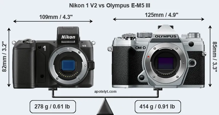 Size Nikon 1 V2 vs Olympus E-M5 III