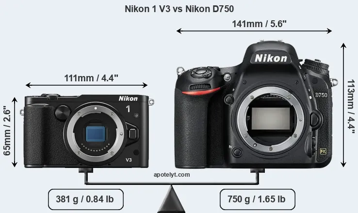 Size Nikon 1 V3 vs Nikon D750
