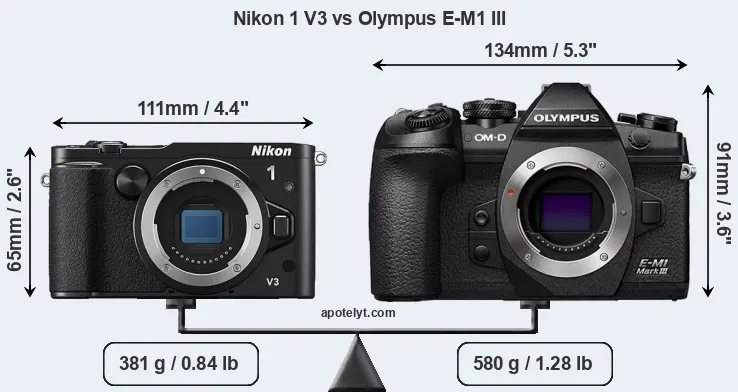Size Nikon 1 V3 vs Olympus E-M1 III
