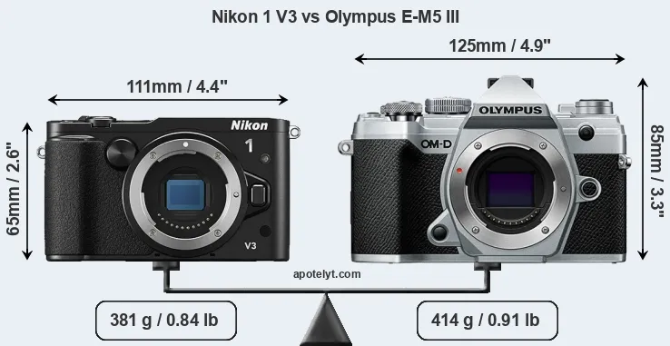 Size Nikon 1 V3 vs Olympus E-M5 III