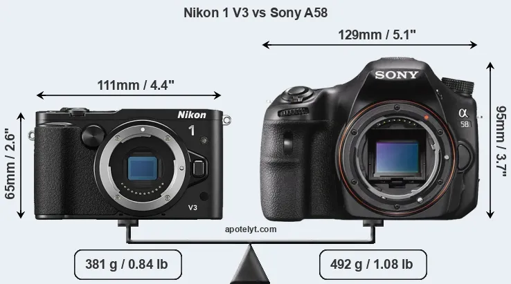 Size Nikon 1 V3 vs Sony A58