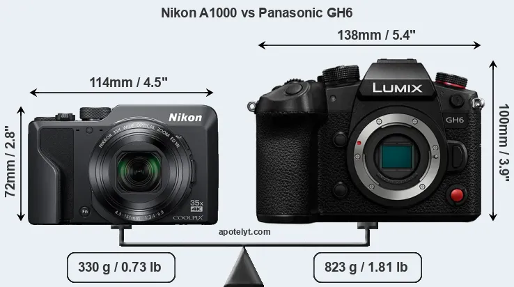 Size Nikon A1000 vs Panasonic GH6