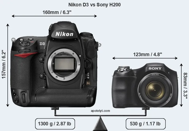 Size Nikon D3 vs Sony H200
