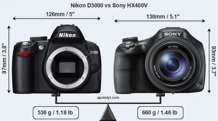 Size Nikon D3000 vs Sony HX400V