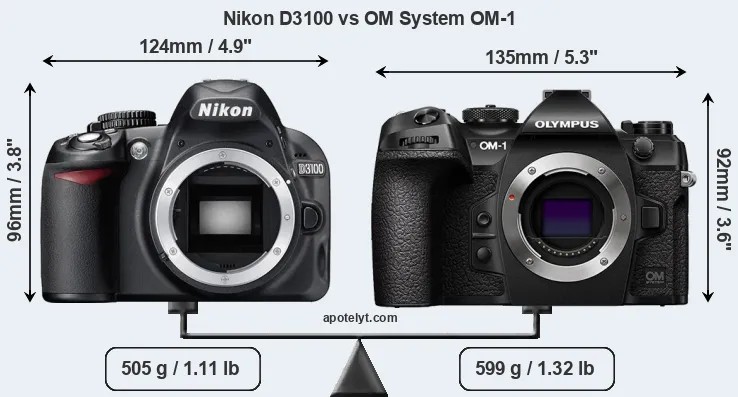 Size Nikon D3100 vs OM System OM-1