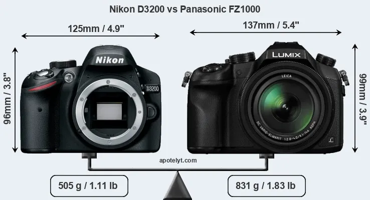 Size Nikon D3200 vs Panasonic FZ1000