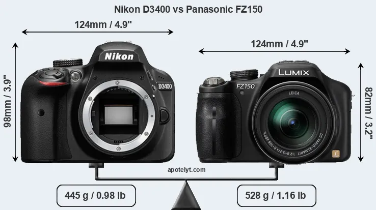 Size Nikon D3400 vs Panasonic FZ150