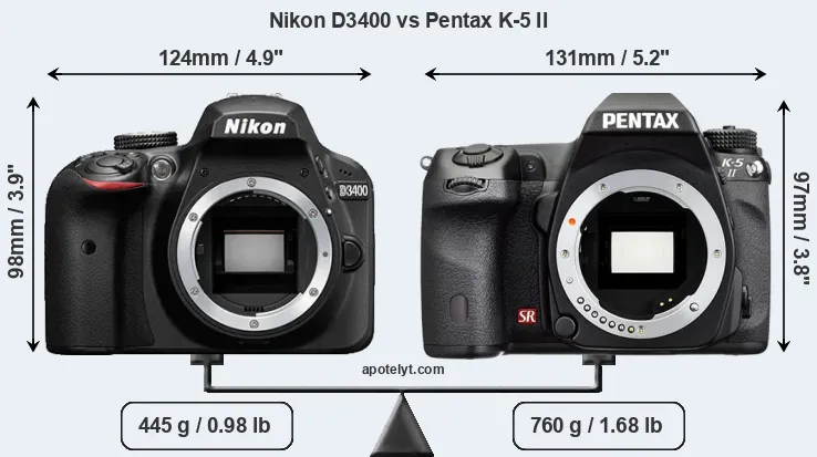 Size Nikon D3400 vs Pentax K-5 II