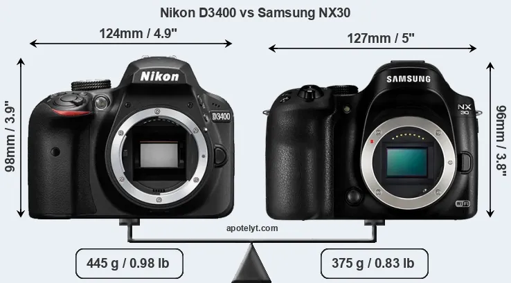 Size Nikon D3400 vs Samsung NX30