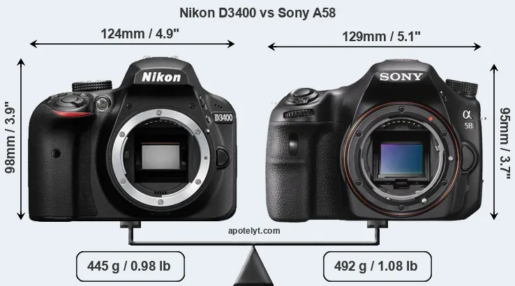 Size Nikon D3400 vs Sony A58