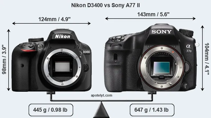 Size Nikon D3400 vs Sony A77 II