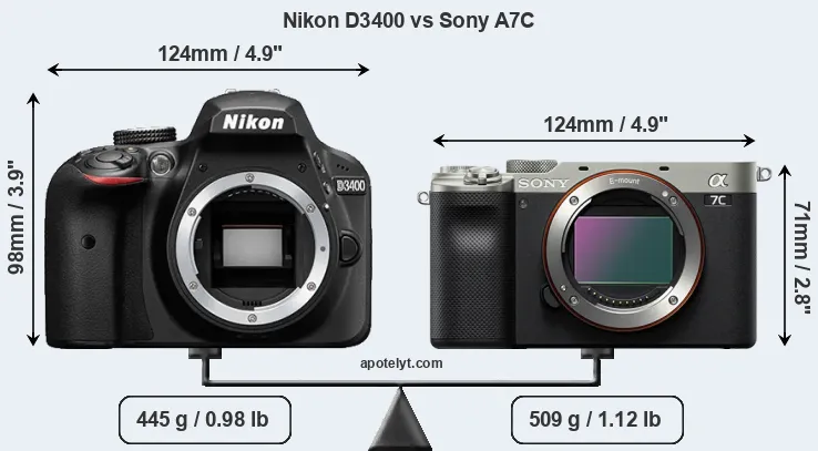 Size Nikon D3400 vs Sony A7C