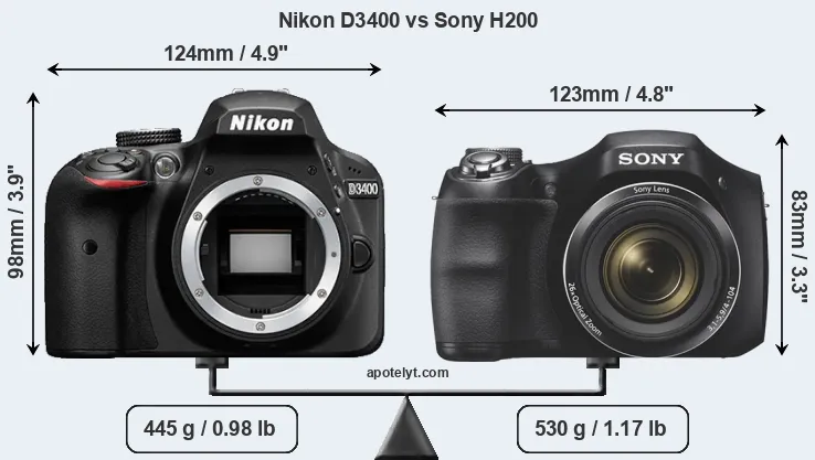 Size Nikon D3400 vs Sony H200