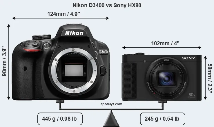 Size Nikon D3400 vs Sony HX80