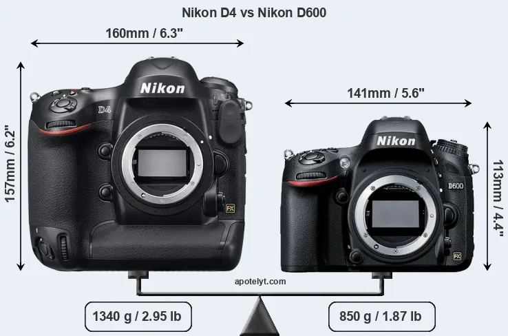 Size Nikon D4 vs Nikon D600