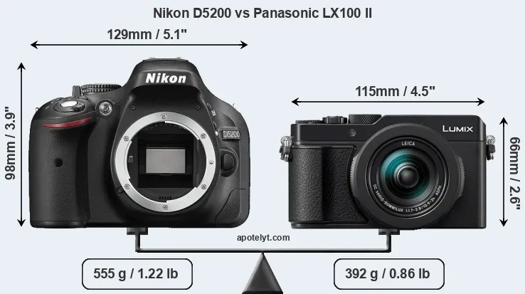 Size Nikon D5200 vs Panasonic LX100 II