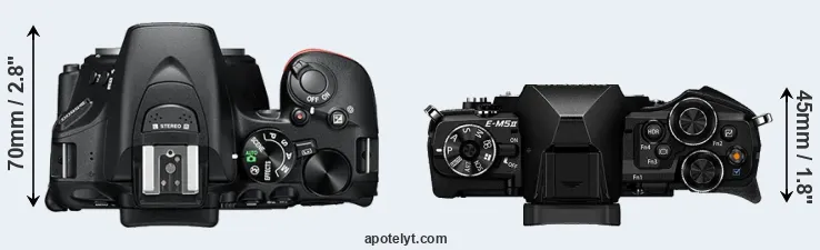 Compare D5600 versus E-M5 II top