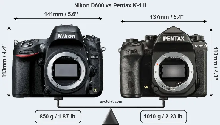 Size Nikon D600 vs Pentax K-1 II